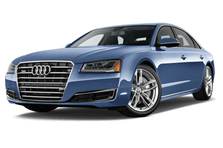 Blauer Audi-Luxuswagen, Frontansicht, parkend auf weißem Hintergrund, mit markantem Kühlergrill und silbernen Felgen.