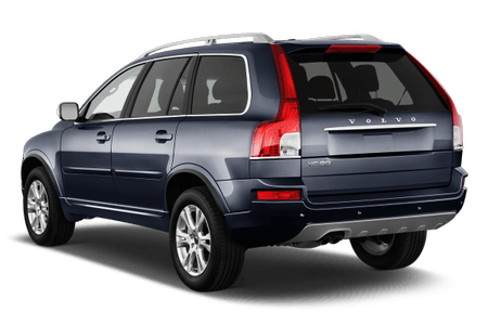 Dunkelblauer Volvo XC90 SUV, Rückansicht, zeigt stilvolle Heckleuchten und silberne Dachreling auf weißem Hintergrund.