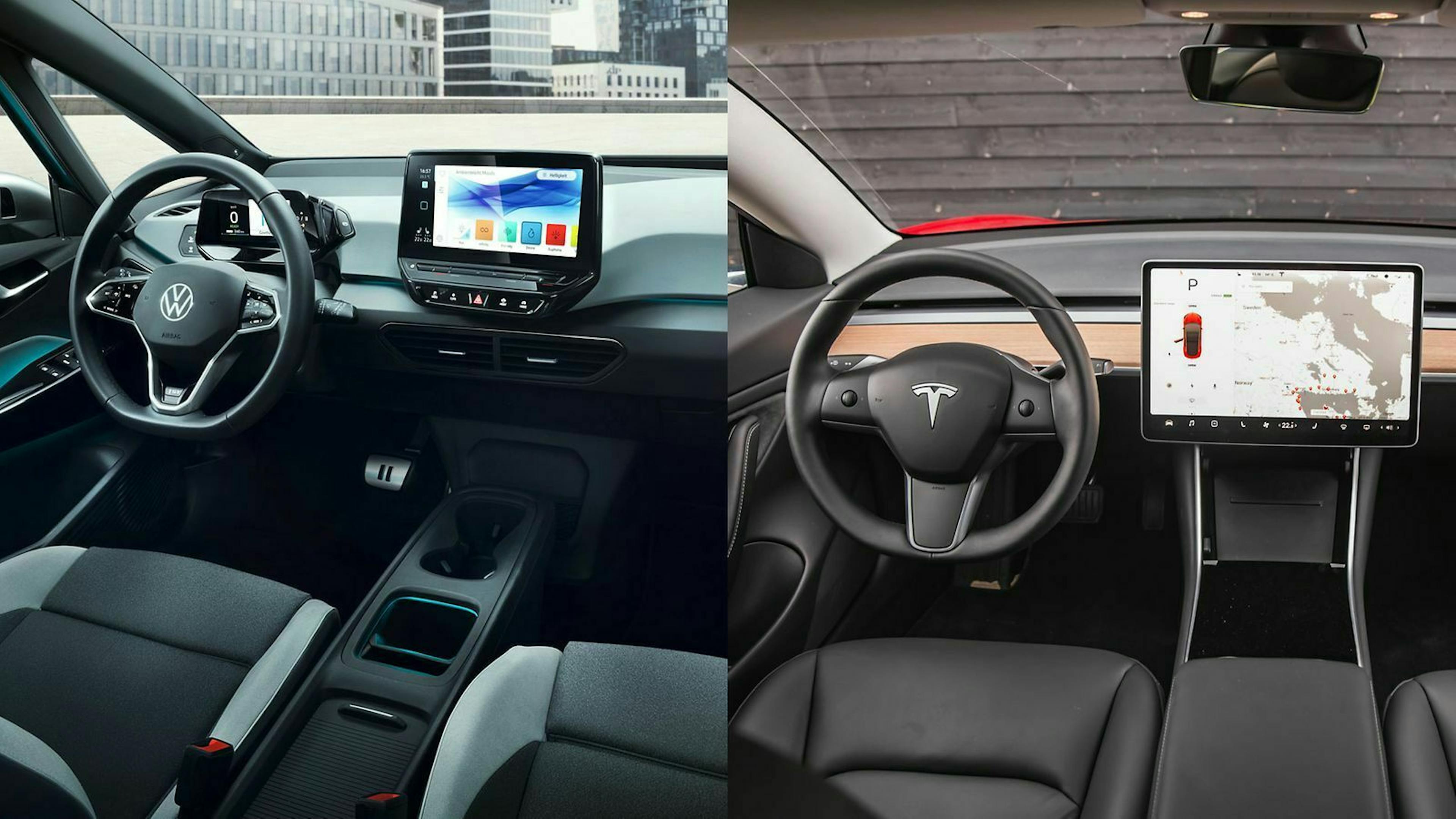 Im Model 3 werden alle Funktionen über den Hauptbildschirm gesteuert. VW setzt dieses Konzept nicht ganz so konsequent um