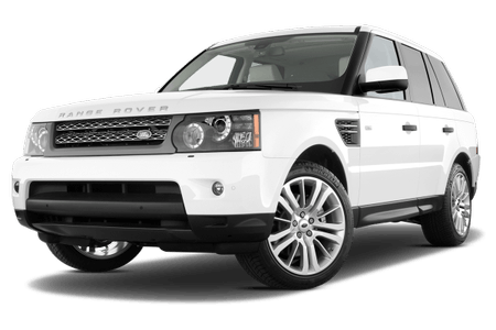 Weißer Range Rover SUV mit glänzendem Lack und silbernen Felgen, seitliche Vorderansicht, vor weißem Hintergrund.