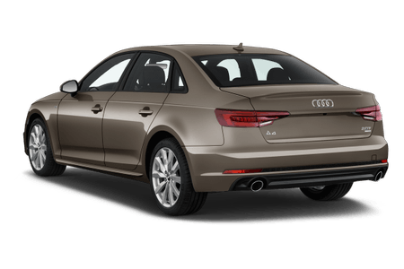 Brauner Audi A4 Limousine, Heckansicht. Elegantes Design, LED-Rückleuchten, Doppelauspuffrohre.