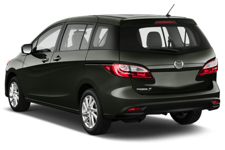 Ein dunkelgrüner Mazda Minivan, Rückansicht, mit eleganten Rückleuchten und Heckscheibenwischer, auf weißem Hintergrund.