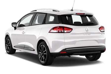 Weißer Renault Clio von hinten, geparkt. Modernes Design, schwarze Felgen, Rücklichter und Heckscheibenwischer sichtbar.