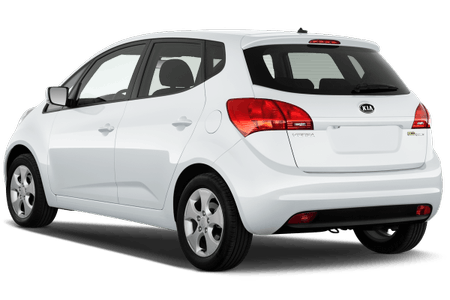 Weißer Kleinwagen, Rückansicht, geparkt. Zweitüriges Design, modernes Äußeres, Modellaufdruck entfernt.