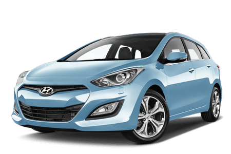 Blaues Auto, Frontansicht, moderner Stil, fünf Türen, silberne Felgen, markantes Scheinwerferdesign, auf weißem Hintergrund.