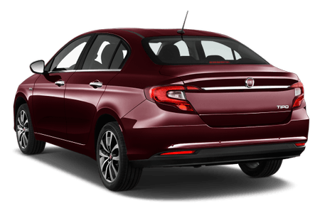 Roter Fiat Tipo Limousine, Heckansicht. Elegantes Design, moderne Rücklichter und abgedunkelte Scheiben.