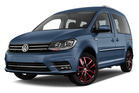 Blauer Volkswagen Caddy mit roten Felgen, seitliche Vorderansicht, auf weißem Hintergrund.