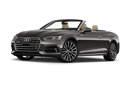 Schwarzes Audi Cabriolet mit offenem Verdeck, geparkt vor weißem Hintergrund, moderne Scheinwerfer und stilvolles Design.