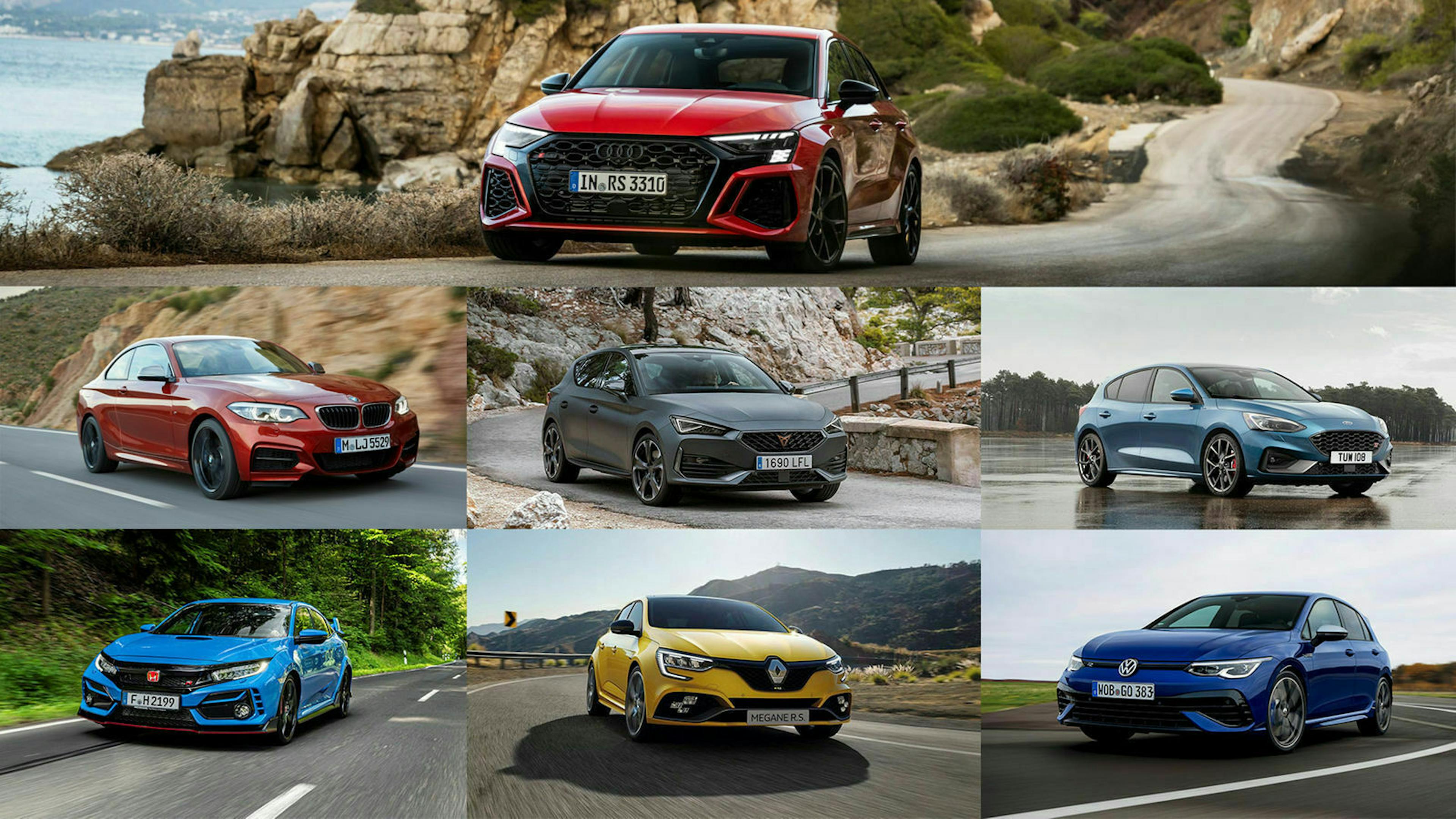 Die Kompaktsportler Audi RS 3, BMW M240i, Cupra Leon, Ford Focus ST, Honda Civic Type R, Renault Mégane R.S. und VW Golf R 