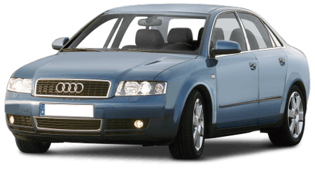 Blauer Audi Limousine, Frontansicht, mit charakteristischem Kühlergrill und Scheinwerfern, geparkt auf hellem Hintergrund.