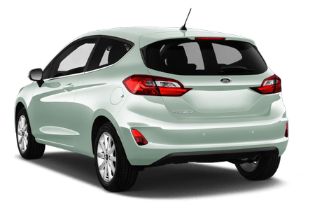 Kompakter, hellgrüner Kleinwagen, Rückansicht. Fünf Türen, moderne Heckleuchten, Parkplatz im Studio.