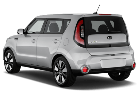 Silberner Kia Soul von hinten, geparkt auf weißem Hintergrund. Türen und Fenster sichtbar, runde Rücklichter und Dachantenne erkennbar.