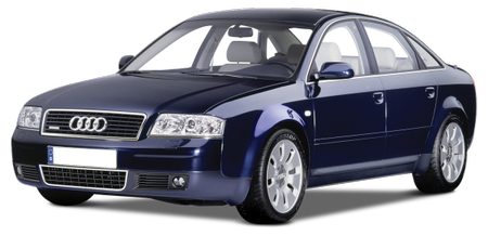 Dunkelblauer Audi Kombi der frühen 2000er mit fünf Türen, silbernen Felgen und markantem Kühlergrill, seitlich von vorn gesehen.