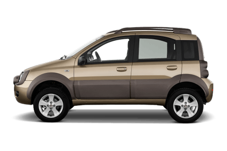 Beige und brauner SUV fährt nach links. Kompakt mit vier Türen und Dachreling, auf weißem Hintergrund.