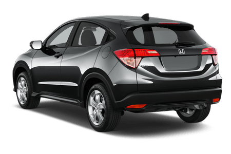 Schwarzer SUV von hinten, parkt auf weißem Hintergrund, glänzende Lackierung, moderne Rücklichter, silberne Felgen.