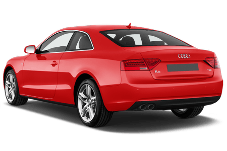 Roter Audi A5 Coupé, Heckansicht, auf weißem Hintergrund. Elegantes Design mit sportlichem Aussehen.