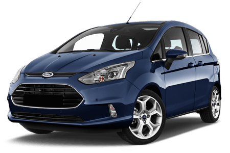 Blaues Auto, Ford-Modell, im Halbprofil von vorne fotografiert, mit charakteristischem Kühlergrill und markanten Scheinwerfern.