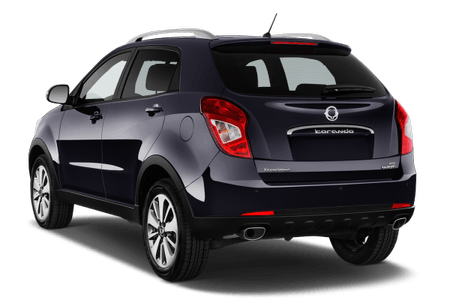 Dunkelblauer SUV von hinten, mit großen Rückleuchten und silbernen Felgen, auf weißem Hintergrund.