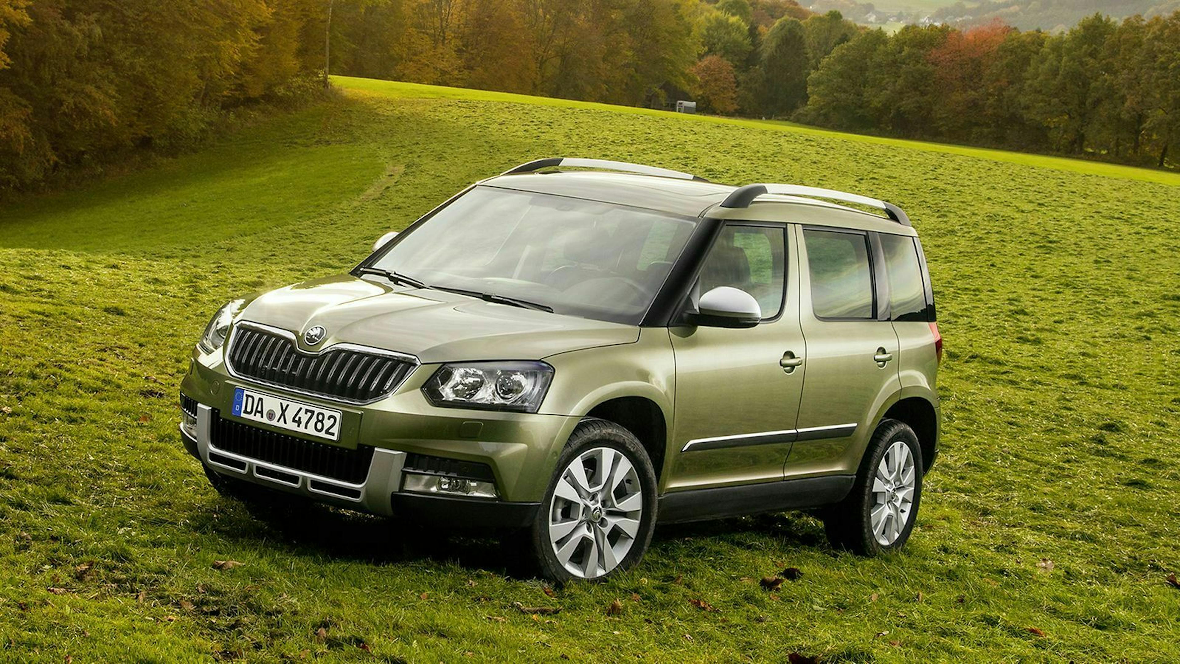 Ein grüner Skoda Yeti auf der grünen Wiese 