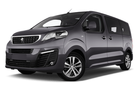 Dunkelgrauer Minivan von Peugeot, seitlich fotografiert, mit modernen Scheinwerfern und fünf Türen.