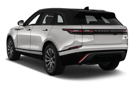 Silberner Range Rover Velar von hinten, geparkt auf weißem Hintergrund. Modernes, elegantes Design mit schwarzen Akzenten und roten Rücklichtern.
