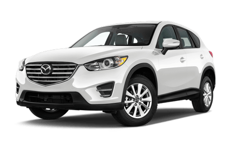 Weißer SUV, Mazda CX-5, schräg von vorn. Moderner Look, silberne Felgen, auf weißem Hintergrund.
