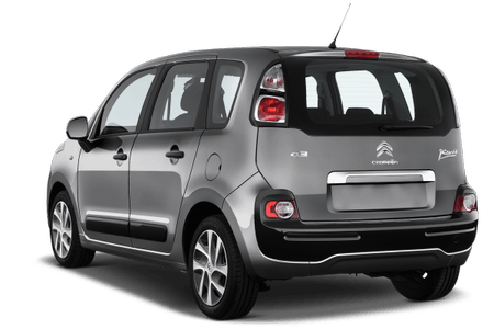 Silberner Citroën C3 Picasso aus der Heckansicht. Erkennbar sind Rückleuchten, Heckscheibe und Antenne. Fahrzeug auf transparentem Hintergrund.
