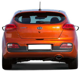 Ein orangefarbener Kia Cee'd von hinten, mit schwarz getönten Fenstern und klar sichtbarer Rückseite.