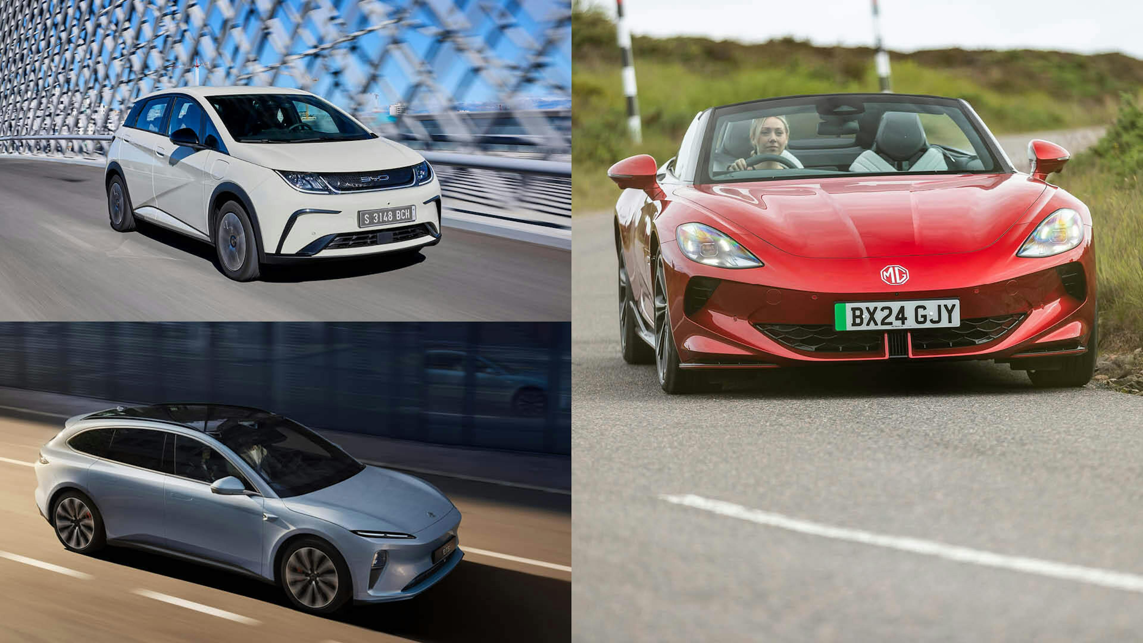 Eine Collage zeigt den BYD Dolphin, Nio ET5 Touring und MG Cyberster von vorne.