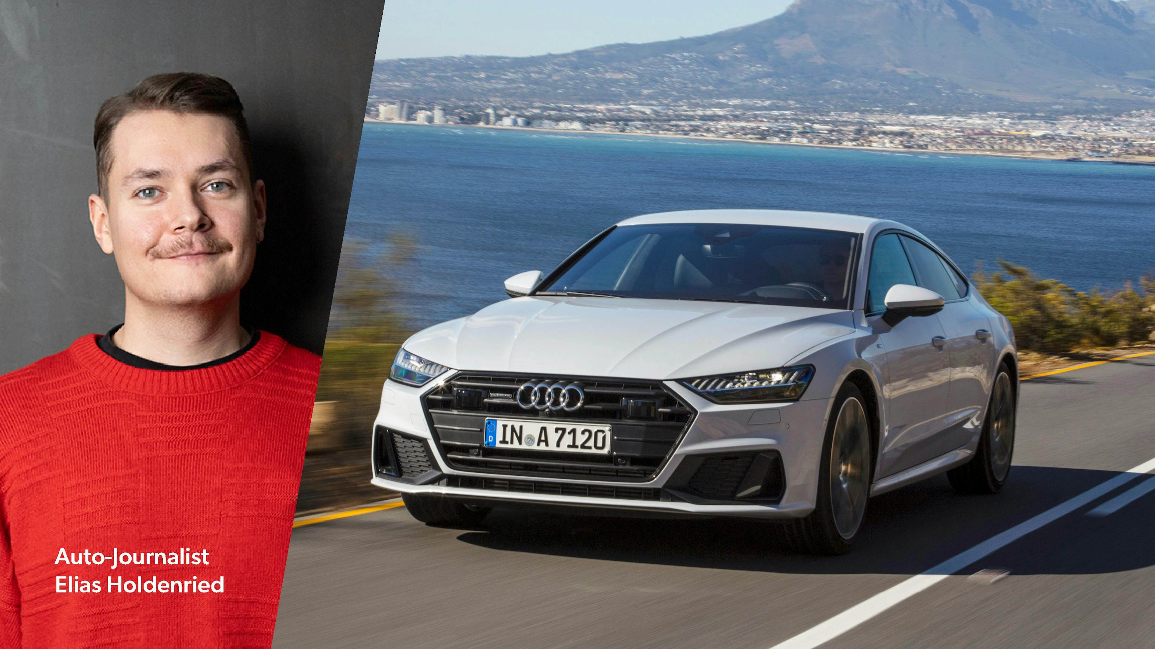 Der Redakteur und ein weißer Audi A7, der auf einer Küstenstraße fährt.