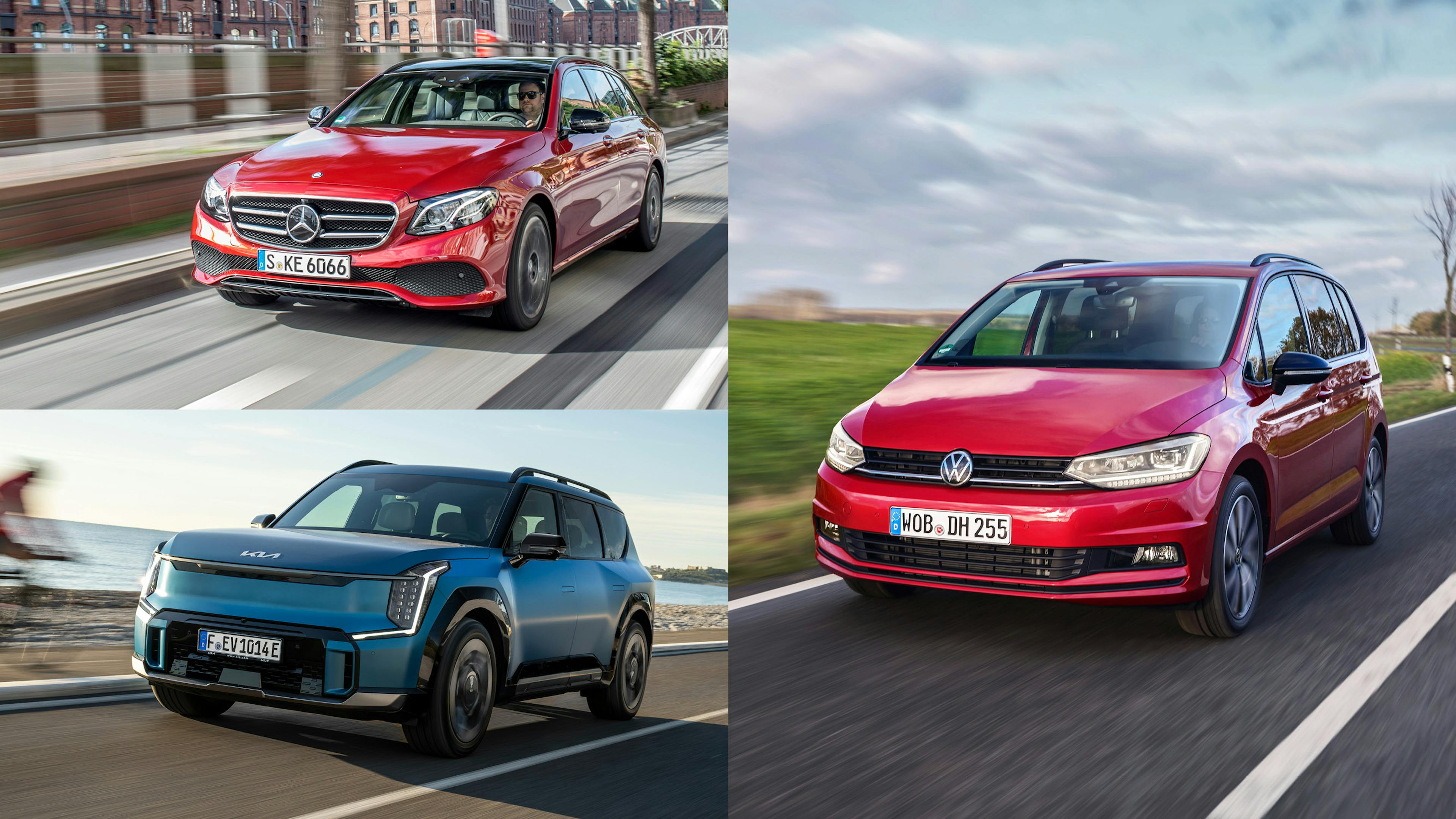 Eine Collage mit einem Mercedes E-Klasse T-Modell, einem Kia EV9 und einem VW Touran.