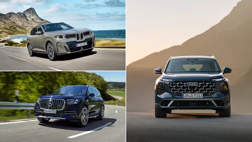 Drei Premium-SUVs der Modellgeneration 2026 in einer Bildcollage: BMW X5 (G65) in Silber-Beige auf einer Küstenstraße, Mercedes-AMG GLE in Dunkelblau in einer Kurve, Audi Q7 in Dunkelblau-Grau in der Frontansicht vor Bergkulisse.