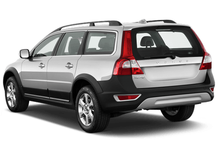 Silberner SUV mit schwarzen Akzenten, Hecktür geöffnet, Rückansicht, auf weißem Hintergrund.