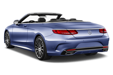Blaues Mercedes Cabrio von hinten, offen mit dunklem Interieur. Elegantes Design, glänzende Oberflächen, sportliche Felgen, klare Rücklichter.