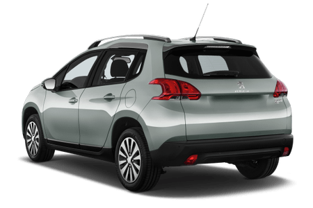 Silberner SUV von hinten, Peugeot-Modell mit Heckscheibenwischer und Dachträger.