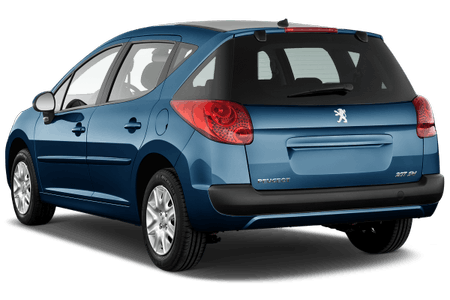 Ein blauer Kombi mit einem Peugeot-Logo wird von hinten gezeigt. Er hat silberne Felgen und getönte Scheiben.