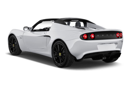 Weißer Sportwagen mit offenem Dach, schwarzen Felgen und Rücklichtern. Ansicht von hinten, auf weißem Hintergrund.