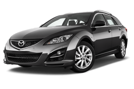 Silberner Mazda-Kombi mit schwarzen Akzenten, Frontansicht. Elegantes Design, LED-Scheinwerfer und markantes Kühlergrill-Emblem.