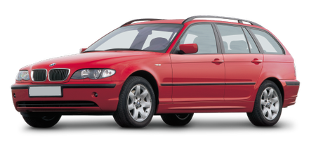 Roter BMW Kombi, seitliche Ansicht, auf grünem Hintergrund. Fahrzeug hat Dachreling und silberne Felgen.