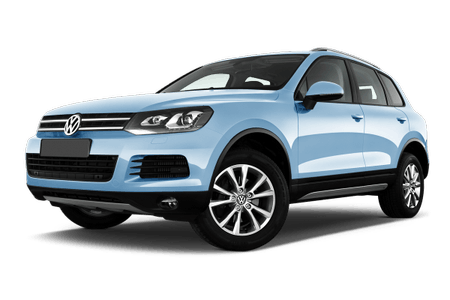 Hellblauer VW SUV, Seitenansicht. Moderne Karosserie, sportliches Design, schwarze Akzente. Fahrzeug auf weißem Hintergrund.