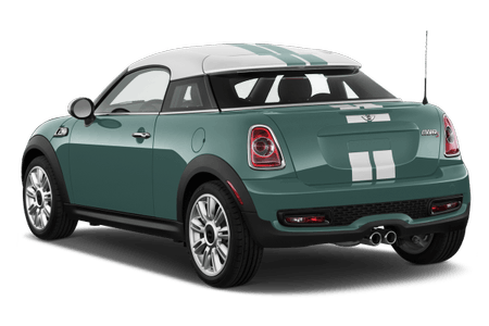 Grünes Coupé mit weißem Dach und Rennstreifen hinten links. Modernes Design, sportliche Felgen, Doppelauspuff.