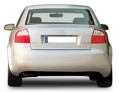 Rückansicht eines silbernen Audi A4 mit deutscher Nummernschild, geparkt auf einer hellen Fläche.