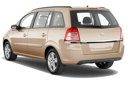 Beigefarbener Opel Zafira von hinten, stehend. Sicht auf Rückleuchten, Heckklappe und Logo, modernes Design.