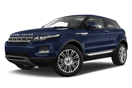 Dunkelblauer SUV Range Rover Evoque mit glänzenden Felgen, geparkt auf weißem Hintergrund, Seitenansicht.