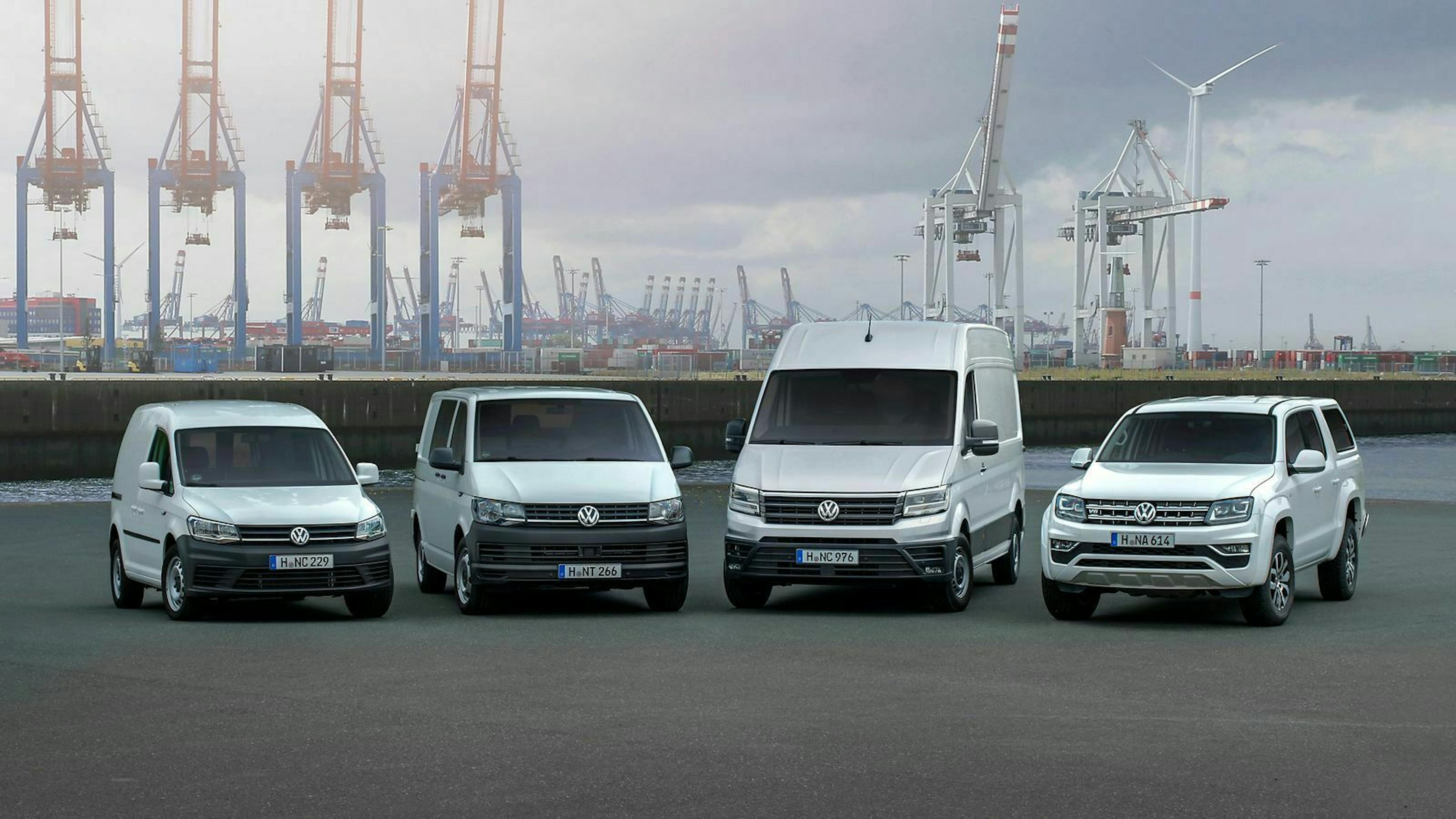 Zu sehen sind mehrere Nutzfahrzeuge von VW. Ganz rechts der VW Amarok
