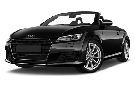 Schwarzes Audi-Cabrio, Vorderansicht, geöffneter Verdeck, elegante Scheinwerfer und markantes Design.