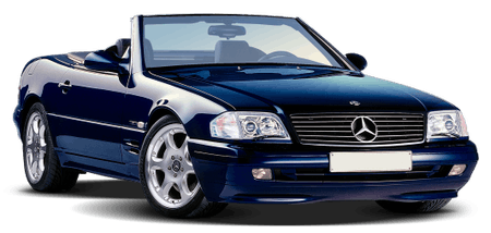 Dunkelblaues Mercedes Cabriolet, 2-türig, Frontansicht. Cabrio-Verdeck geöffnet, Chromfelgen, markantes Frontdesign und Kühlergrill.