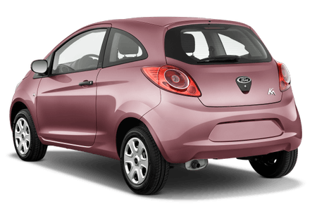 Kompakter, rosafarbener Kleinwagen von hinten, mit abgerundeten Formen und schlanken Rücklichtern.