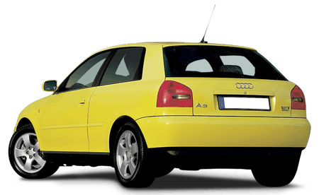 Gelber Audi A3 von hinten, parkt auf einem weißen Hintergrund. Fahrzeug hat fünf Türen und helle Felgen.