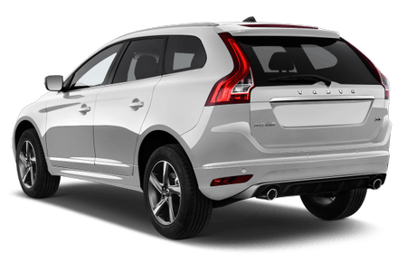 Weißer Volvo XC60 SUV von hinten, geparkt auf transparentem Hintergrund. Moderner, eleganter Look mit charakteristischen Rückleuchten.